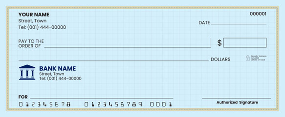 
Blank check template, bank cheque vector, customizable design, printable layout, financial document illustration.