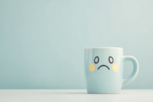 Blue Monday concept with a lonely, sad mug of hot drink set against a blank, muted background. Captures melancholic mood, perfect for gloomy marketing messages or emotional themes