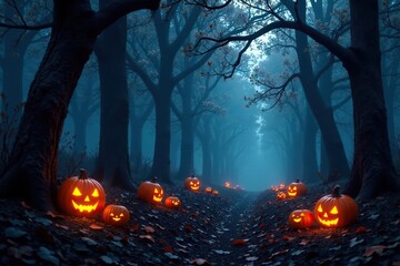 Dark forest with glowing pumpkins on tree branches, forest landscape, eerie ambiance