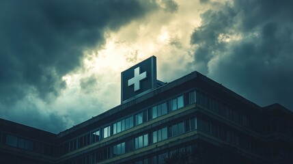 Stormy clouds loom over a hospital building with a prominent plus sign on its roof.