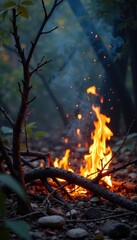 Burning branches and twigs in a dense thicket, flames, foliage, ash