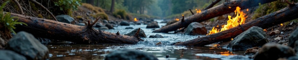 Fototapeta premium Burning logs and branches in a rocky forest stream, ash, woodland trees, water