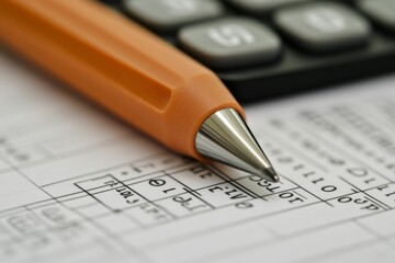 Orange pen, calculator, and numerical data form.