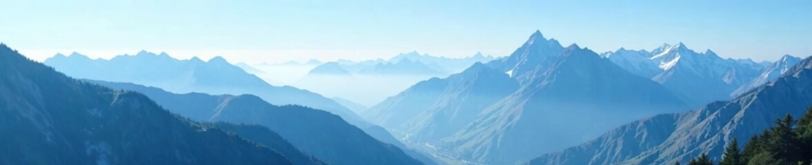 Fototapeta premium Serene mountain landscape with misty peaks and serene blue sky, landscape, mountainside