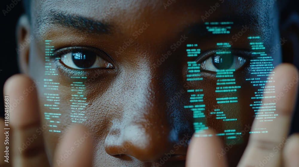Poster close-up of a person interacting with holographic data projected onto their face. this image can be 