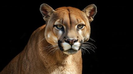 a captivating front view of a panther set against a stark black background, highlighting its powerful presence and fierce beauty, designed for a wildlife art series that celebrates nature's predators