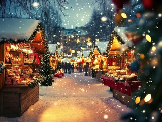 Fototapeta premium enchanting christmas market scene with snow-covered stalls, twinkling lights, and traditional holiday decorations in winter wonderland setting