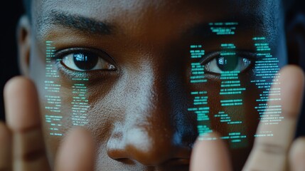 Close-up of a person interacting with holographic data projected onto their face. This image can be used for technology, futuristic, and innovation concepts.