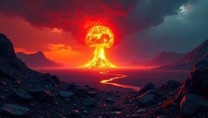 Fiery nuclear blast amidst volcanic landscape, flames, landscape