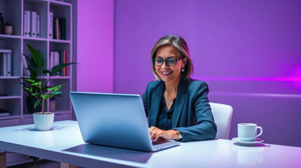 Professional woman engaged in productive work at a stylish desk with purple lighting in a contemporary home office