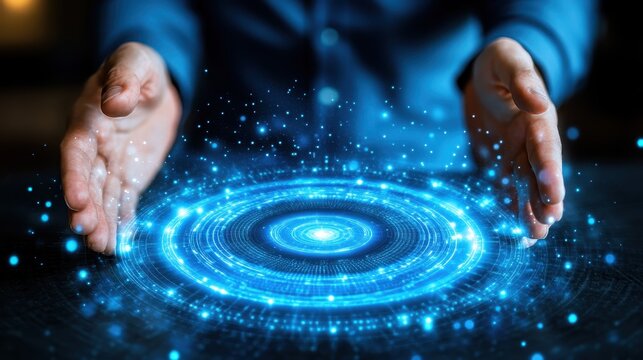 Two hands hover over a futuristic glowing blue holographic interface.  Ideal for showcasing innovation in technology and user interfaces.