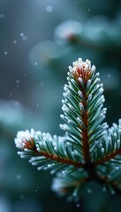 Frost-covered spruce needles and a single leaf frozen in place, cold, natural