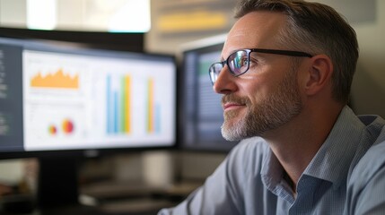 Man thoughtfully reviewing data on computer screens.