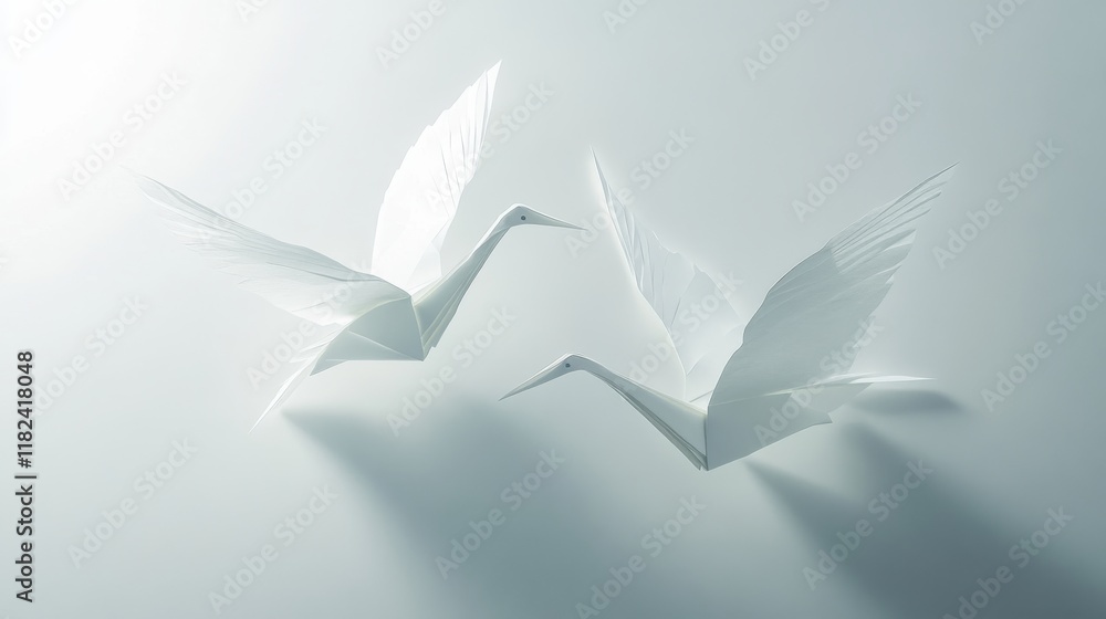 Poster minimalist paper crane illustrations subtle shadows art display tranquil environment close-up view s