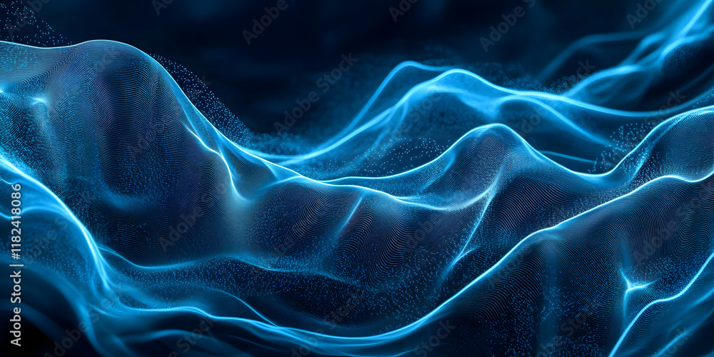 Aufkleber abstract blue tech background with digital waves, dynamic network system, artificial neural connecti