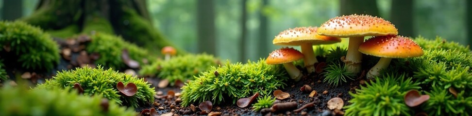 Obraz premium Forest floor covered with a thick layer of mushrooms, floor, wild plants, moss