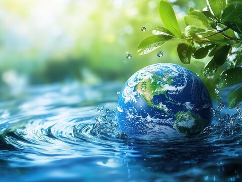 environmental conservation concept with blue planet earth surrounded by pure water droplets and green energy elements