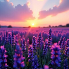 Soft pink hues of sunset fade through a sea of purple lavender flowers, purple, sunsets, fields