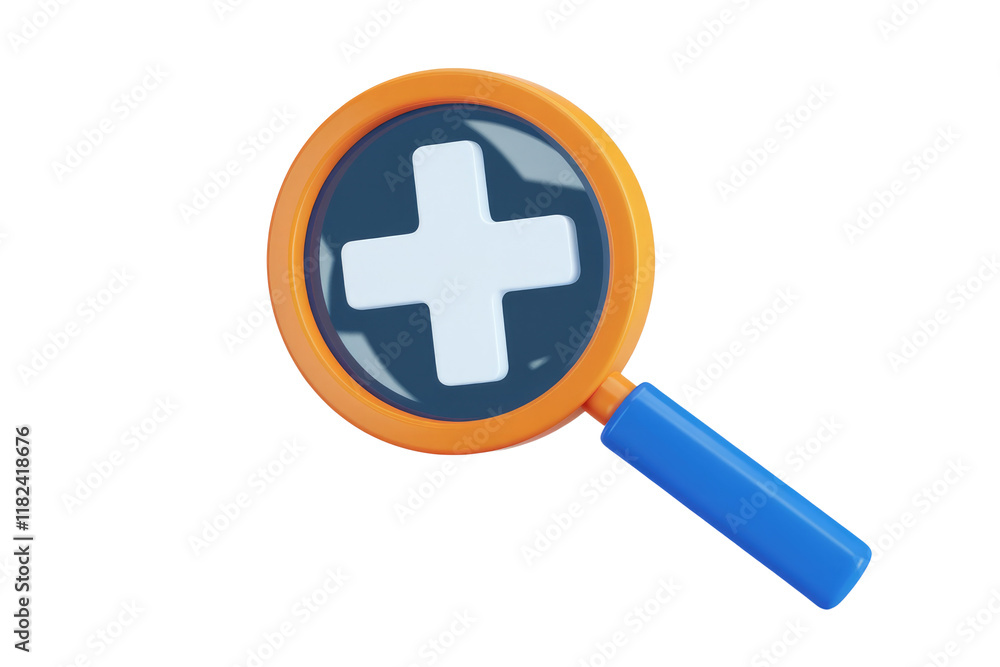 Fototapete 3D render of a magnifying glass with a plus sign, symbolizing search and addition. background removed