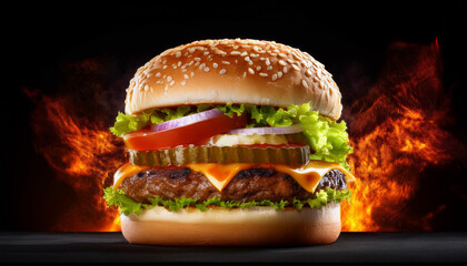 jumbo hamburger with fire effect behind it isolated in black