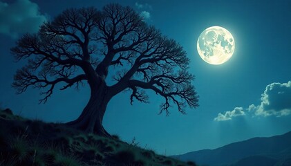 Ancient tree branches creak in the wind under full moon, creepy trees, tree, wind