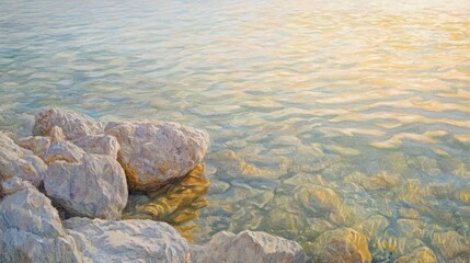 Obraz premium Calm sea water with rocks at sunset.