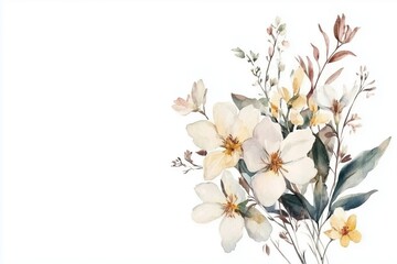 Fototapeta premium A beautiful bouquet of spring flowers on a white background, close-up. Watercolor multi colored flowers. Congratulatory botanical banner, card