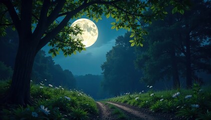Silvery moonlight filters through leafy branches, casting dappled shadows on forest floor, natural, night, serene