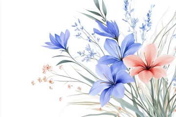 A beautiful bouquet of spring flowers on a white background, close-up. Watercolor multi colored flowers. Congratulatory botanical banner, card