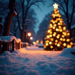 Sparkling golden Christmas lights twinkle on a frosty winter night, winter scene, festive atmosphere