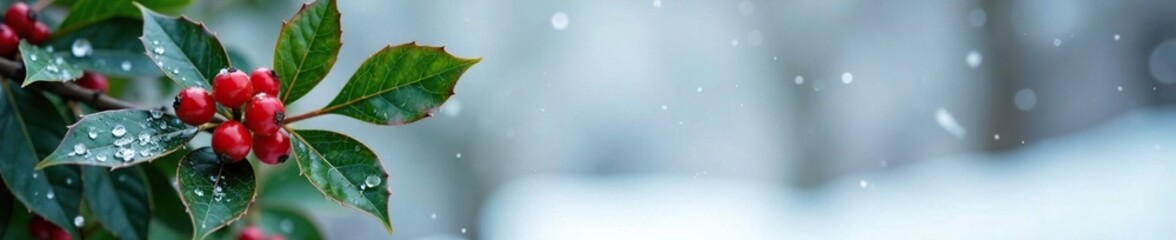 Obraz premium Holly branch with red berries and dark green leaves against a snowy winter background, evergreen, snow, holly