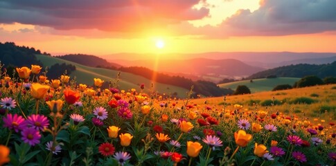 Softly glowing sunset fades behind rolling hills of wildflowers, fields, landscape