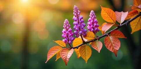 Obraz premium A tree branch adorned with lupin flowers and leaves in autumn, autumn, foliage, flowers