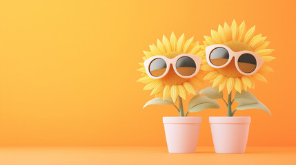 Cartoon sunflowers wearing sunglasses, isolated against a vibrant solid orange background. Fun, playful, and cheerful design, perfect for bright and energetic visuals.

