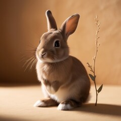 Obraz premium Healthy Lovely bunny easter fluffy white rabbit, cute baby rabbit against soft earthy background. Copy space for text. Symbol of easter festival animal