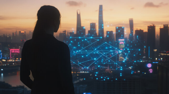 Abstract business woman stands on the peak of success amid tall, innovative Smart city and graphs with statistics to analyze business potential and predict future developments in company growth.