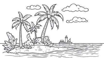 Palm trees on island with boat and lighthouse in the sea, coloring page