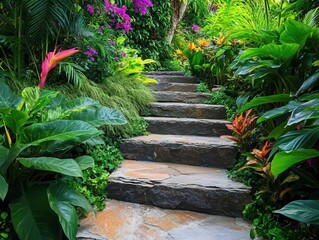 exotic tropical garden design natural stone steps pathway through lush green plants and vibrant flowers in contemporary landscape setting