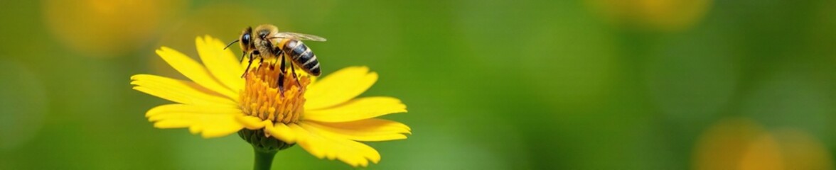 Bee on a flower with yellow petals and green stem, flora, plant, bees flowers