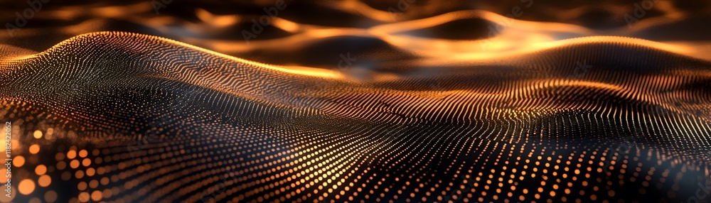 Poster a stunning visual of undulating waves created by digital elements, showcasing a blend of golden hues