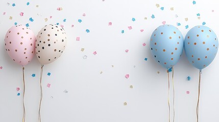 Four pastel-colored balloons with gold polka dots float against a white background scattered with colorful confetti. Perfect for baby shower, gender reveal, or birthday announcements.