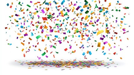 Colorful confetti falling and forming a pile on the ground. Ideal for celebratory backgrounds, party invitations, or festive website banners.