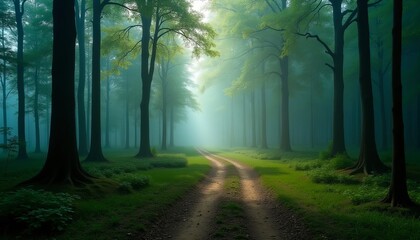 Obraz premium Misty forest path leading into the sunlight. Serene and magical atmosphere. Perfect for fantasy or nature themes.