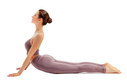 Young woman doing yoga exercise, isolated on white background. Full length portrait