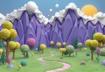 Fototapete Rund Cartoon landscape with purple mountains, a pink pathway, trees and flowers in a green grassy field. © NipaArts