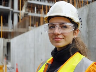 female construction worker with protective equipment displaying professional confidence while working on modern building site