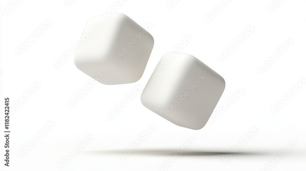 Poster two smooth white cubes floating above a white surface. ideal for minimalist designs branding or abst