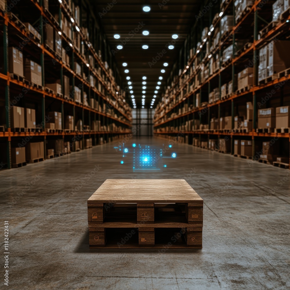Poster empty warehouse with digital projection of data points