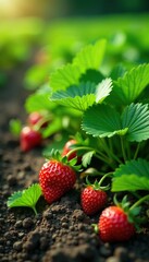 Fresh strawberry plants growing in a lush green field, garden, strawberries