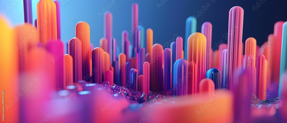 Poster a vibrant and colorful abstract representation of vertical shapes that create a three-dimensional ef